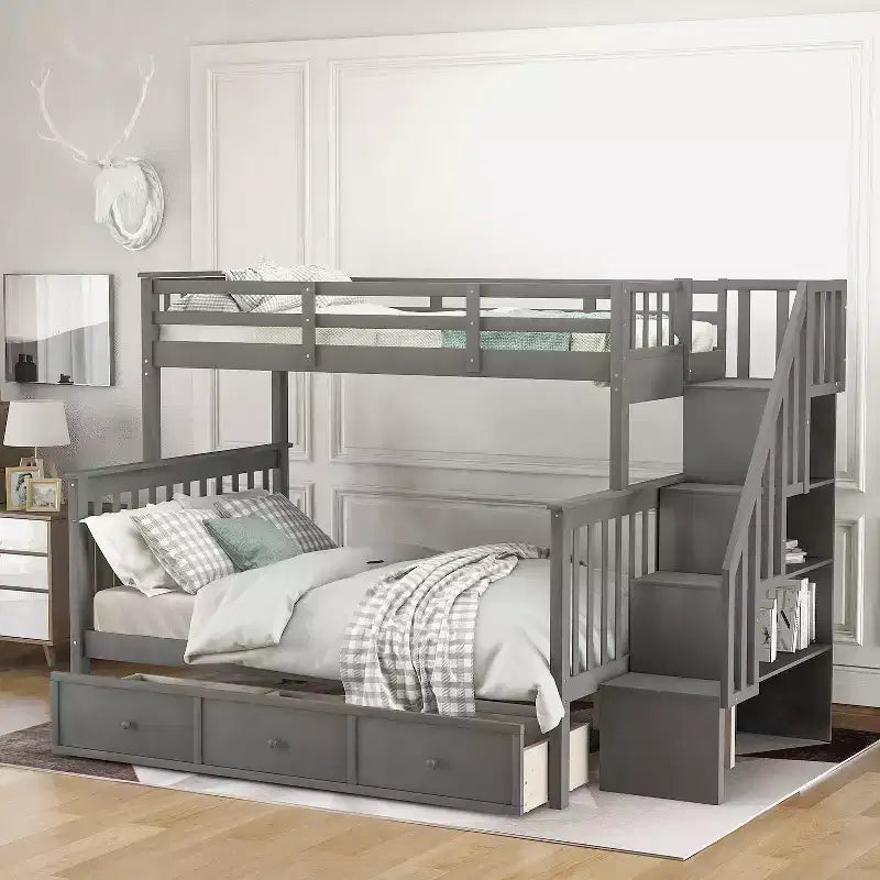 Etagenbett mit Treppe, oben Twin- und unten Full-Größe, mit Schublade, Stauraum und Rausfallschutz