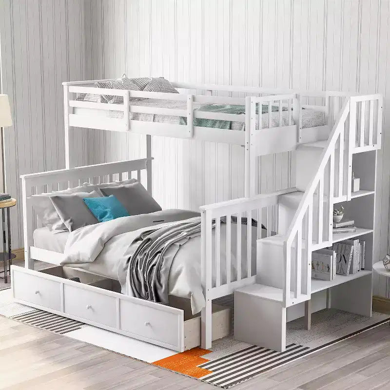 Etagenbett mit Treppe, oben Twin- und unten Full-Größe, mit Schublade, Stauraum und Rausfallschutz