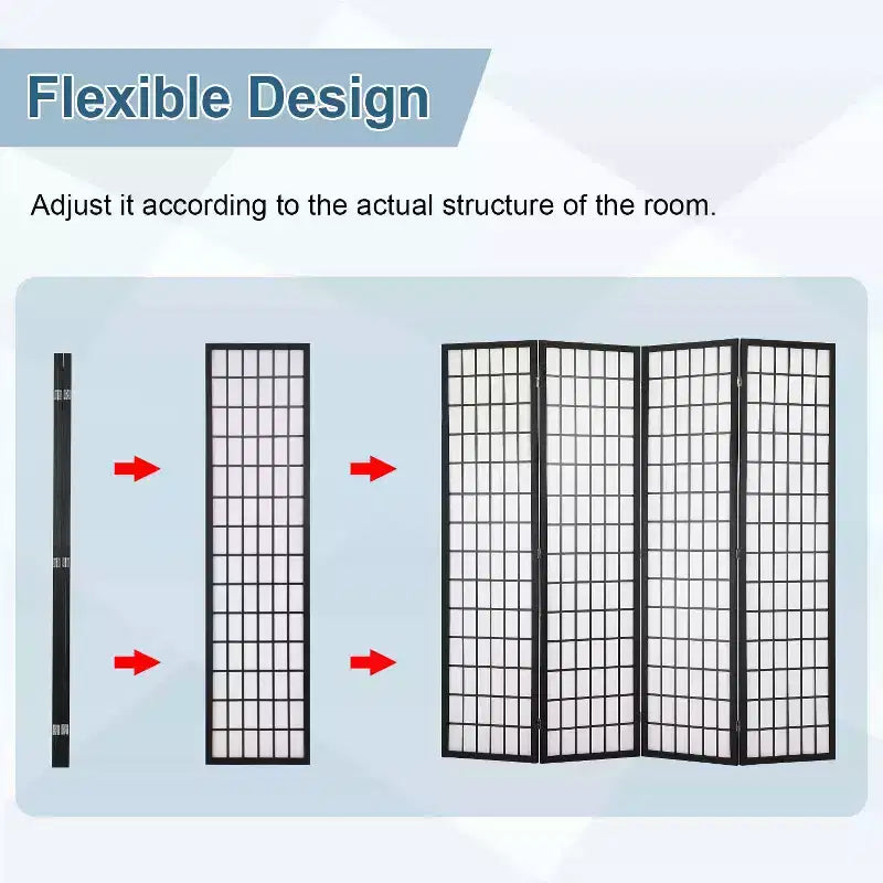 Elegante separador de ambientes plegable de 4 paneles y 6 pies, biombo plegable para privacidad con estructura de madera maciza y paneles shoji