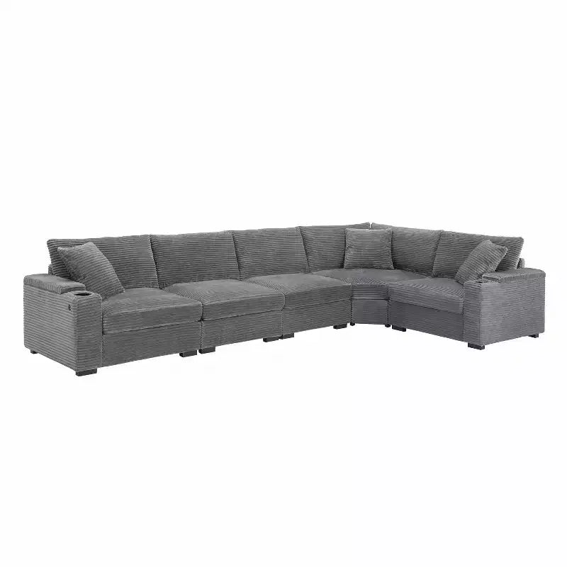 Umwandelbares Ecksofa aus Cord in L-Form mit Armlehnenstauraum und Getränkehaltern