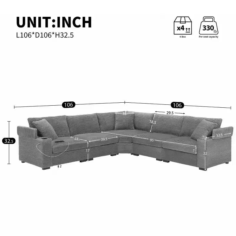 Umwandelbares Ecksofa aus Cord in L-Form mit Armlehnenstauraum und Getränkehaltern