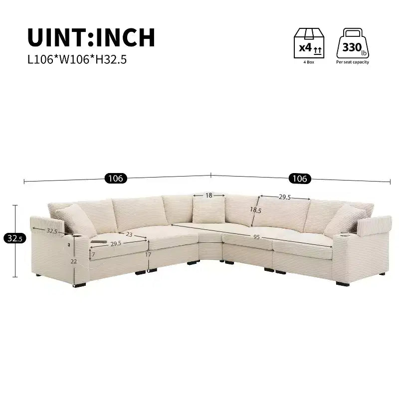 Umwandelbares Ecksofa aus Cord in L-Form mit Armlehnenstauraum und Getränkehaltern