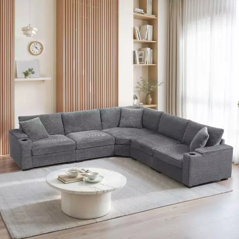 Umwandelbares Ecksofa aus Cord in L-Form mit Armlehnenstauraum und Getränkehaltern