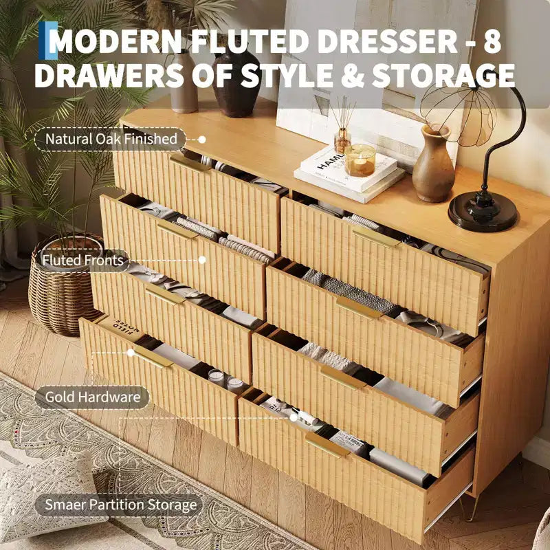 Gerillte Kommode fürs Schlafzimmer mit 6/8 Schubladen, moderne Holzkommode, 47/55Wide, mit Metallgriffen, Kleiderorganizer, Kleiderschrank-Kommode