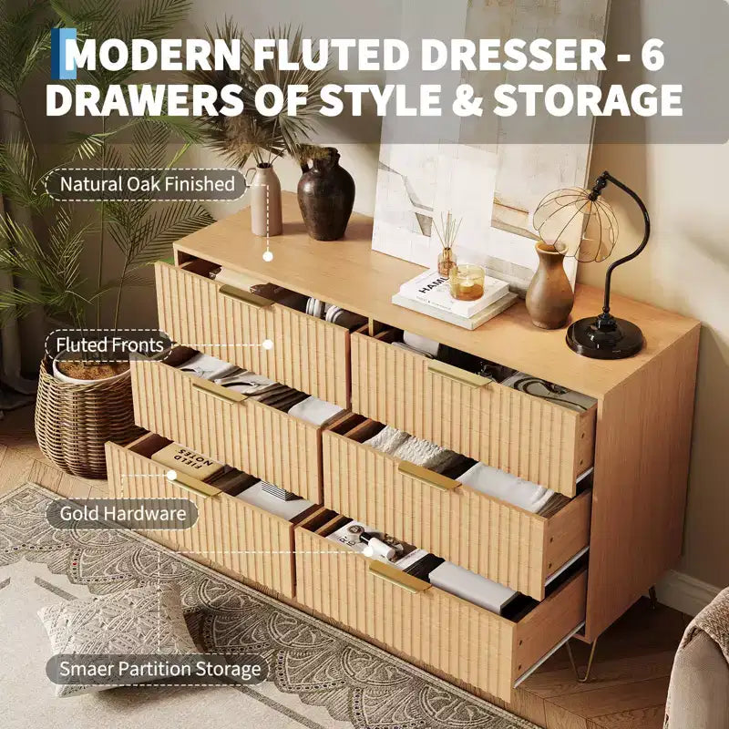 Gerillte Kommode fürs Schlafzimmer mit 6/8 Schubladen, moderne Holzkommode, 47/55Wide, mit Metallgriffen, Kleiderorganizer, Kleiderschrank-Kommode