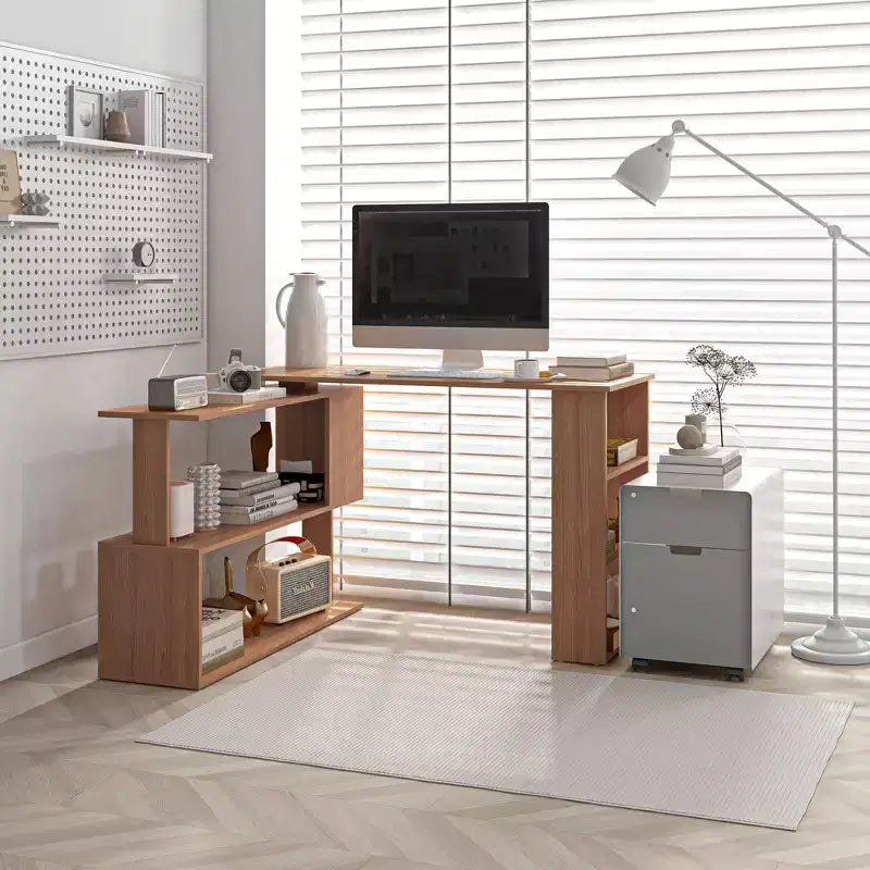 Um 360 Grad drehbarer Eckschreibtisch in L-Form fürs Homeoffice, Computertisch mit Ablagefächern, Schreib- und Arbeitsstation, Teak