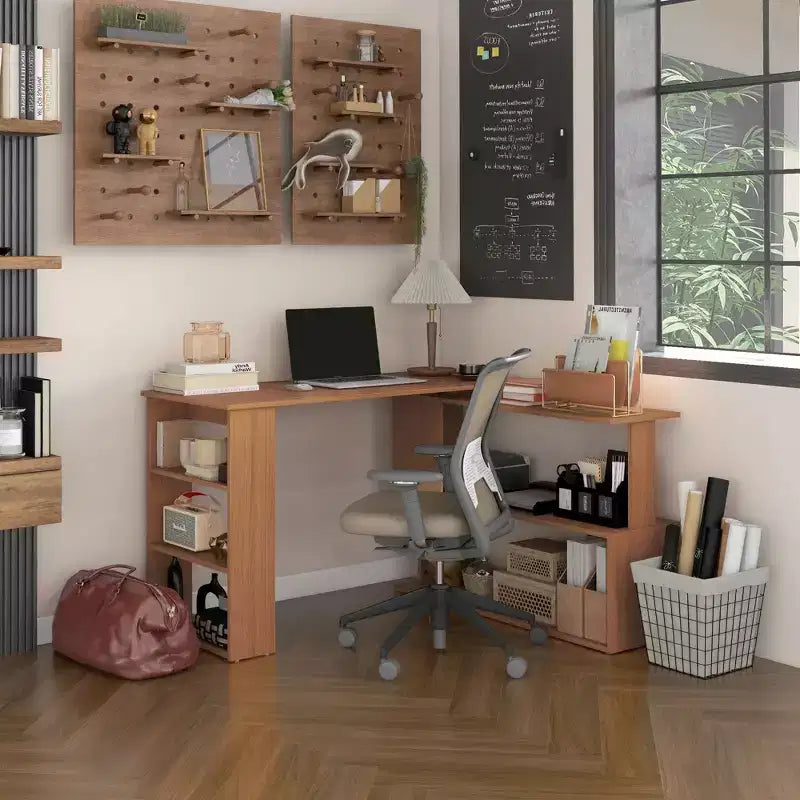 Um 360 Grad drehbarer Eckschreibtisch in L-Form fürs Homeoffice, Computertisch mit Ablagefächern, Schreib- und Arbeitsstation, Teak