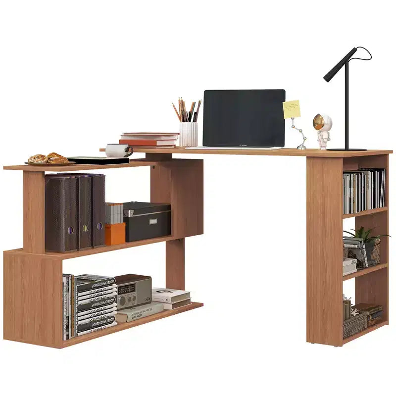 Um 360 Grad drehbarer Eckschreibtisch in L-Form fürs Homeoffice, Computertisch mit Ablagefächern, Schreib- und Arbeitsstation, Teak