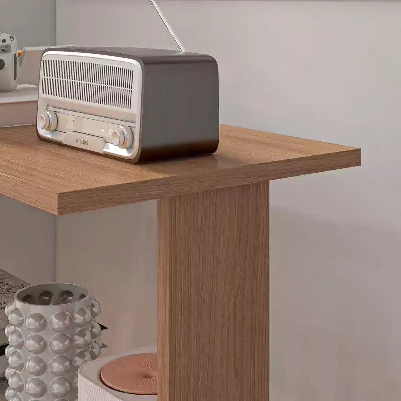 Um 360 Grad drehbarer Eckschreibtisch in L-Form fürs Homeoffice, Computertisch mit Ablagefächern, Schreib- und Arbeitsstation, Teak