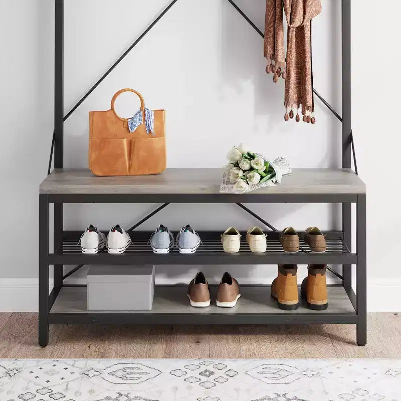 72 Garderobenständer im Industrie-Look mit Schuhbank, Eingangsbereich-Aufbewahrung in Holzoptik, Kleiderstange &amp; 8 Haken, Ablage für Mäntel &amp; Schuhe
