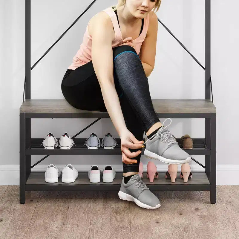 72 Garderobenständer im Industrie-Look mit Schuhbank, Eingangsbereich-Aufbewahrung in Holzoptik, Kleiderstange &amp; 8 Haken, Ablage für Mäntel &amp; Schuhe