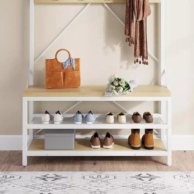 72 Garderobenständer im Industrie-Look mit Schuhbank, Eingangsbereich-Aufbewahrung in Holzoptik, Kleiderstange &amp; 8 Haken, Ablage für Mäntel &amp; Schuhe
