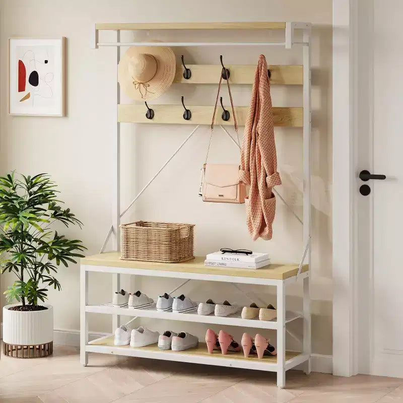 72 Garderobenständer im Industrie-Look mit Schuhbank, Eingangsbereich-Aufbewahrung in Holzoptik, Kleiderstange &amp; 8 Haken, Ablage für Mäntel &amp; Schuhe
