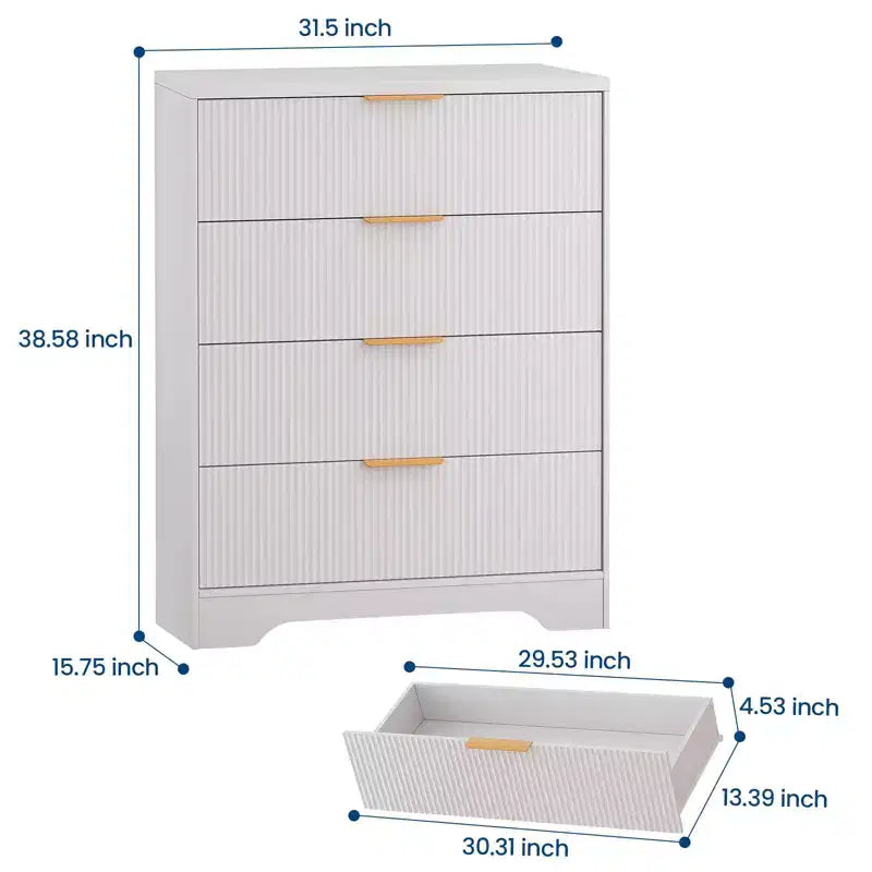 Kommode mit 4 Schubladen, gerillte moderne Kommode, 38.6, mit goldenen Griffen, vielseitiger Stauraum für Schlafzimmer, Wohnzimmer, Flur und Kinderzimmer