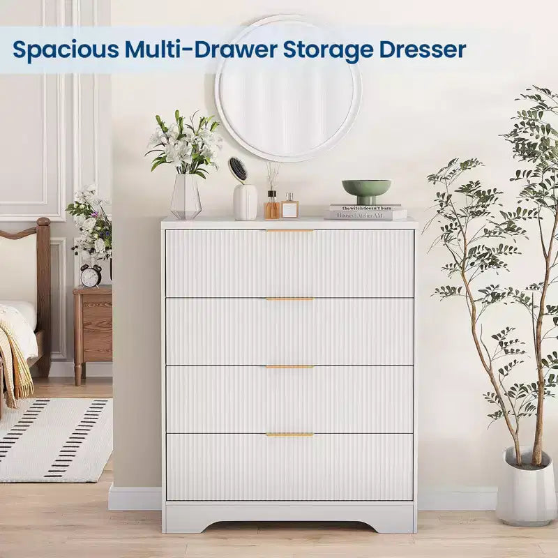 Kommode mit 4 Schubladen, gerillte moderne Kommode, 38.6, mit goldenen Griffen, vielseitiger Stauraum für Schlafzimmer, Wohnzimmer, Flur und Kinderzimmer