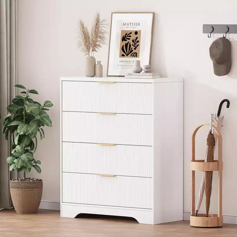 Kommode mit 4 Schubladen, gerillte moderne Kommode, 38.6, mit goldenen Griffen, vielseitiger Stauraum für Schlafzimmer, Wohnzimmer, Flur und Kinderzimmer