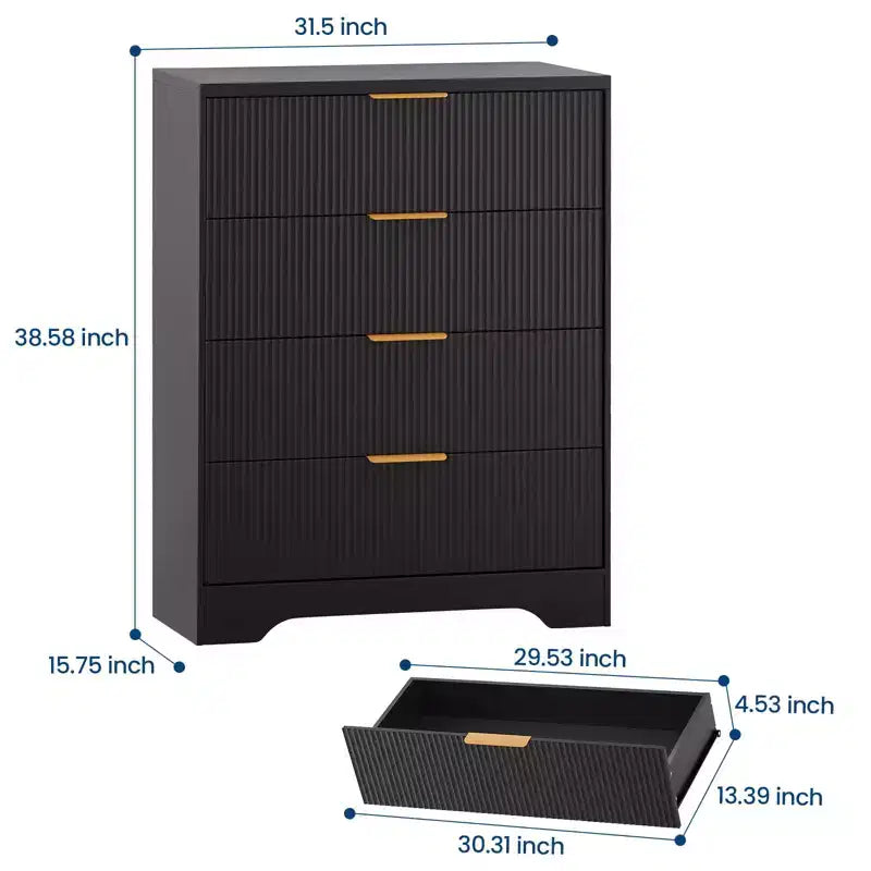 Kommode mit 4 Schubladen, gerillte moderne Kommode, 38.6, mit goldenen Griffen, vielseitiger Stauraum für Schlafzimmer, Wohnzimmer, Flur und Kinderzimmer