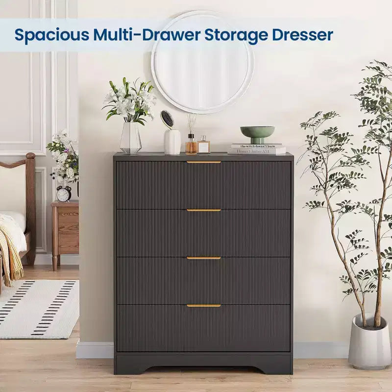 Kommode mit 4 Schubladen, gerillte moderne Kommode, 38.6, mit goldenen Griffen, vielseitiger Stauraum für Schlafzimmer, Wohnzimmer, Flur und Kinderzimmer
