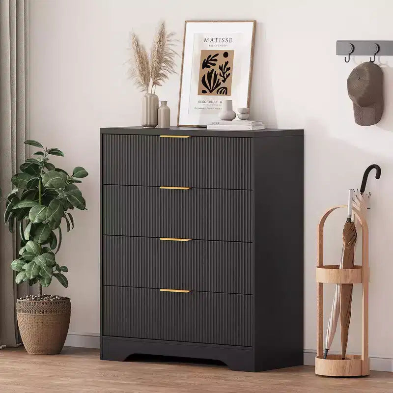 Kommode mit 4 Schubladen, gerillte moderne Kommode, 38.6, mit goldenen Griffen, vielseitiger Stauraum für Schlafzimmer, Wohnzimmer, Flur und Kinderzimmer