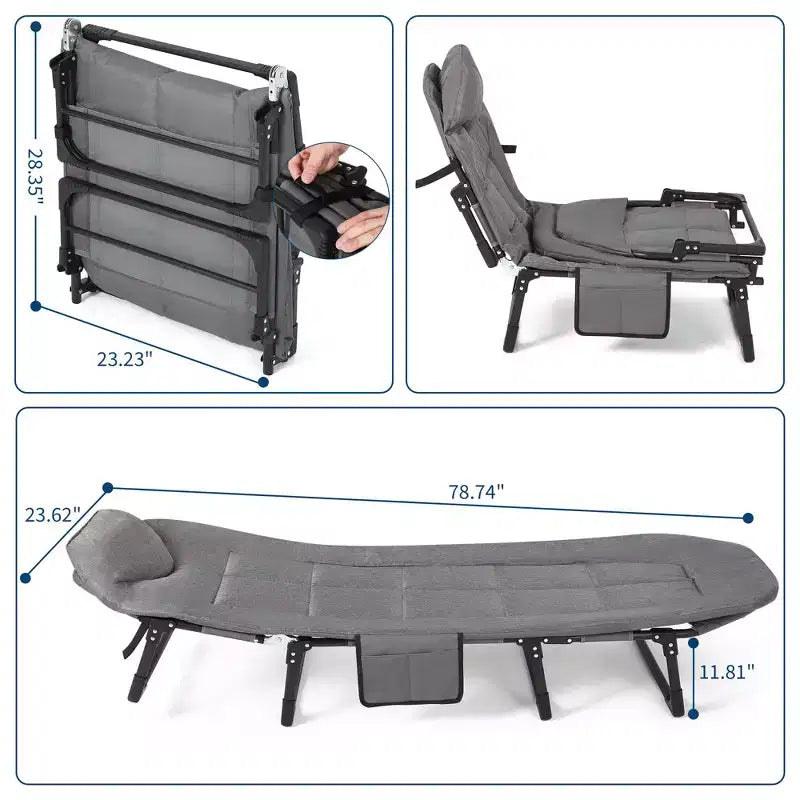 Lit de camp pliant de 79 pour adultes avec coussin et oreiller, couchage portable robuste pour l’intérieur et l’extérieur