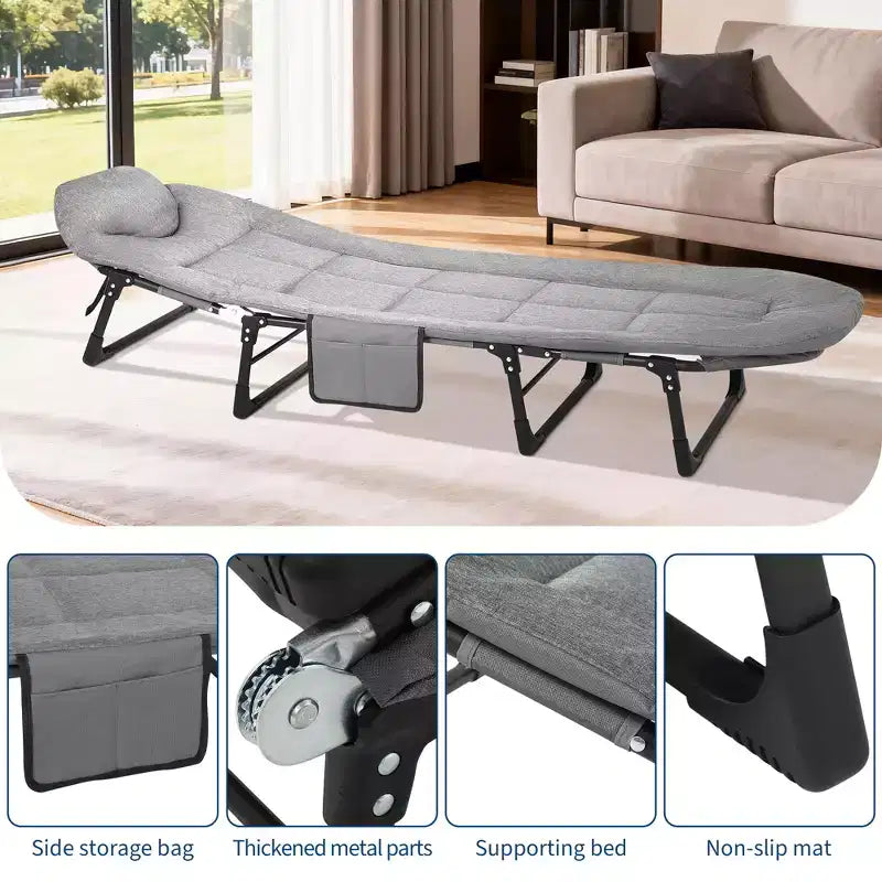 Lit de camp pliant de 79 pour adultes avec coussin et oreiller, couchage portable robuste pour l’intérieur et l’extérieur