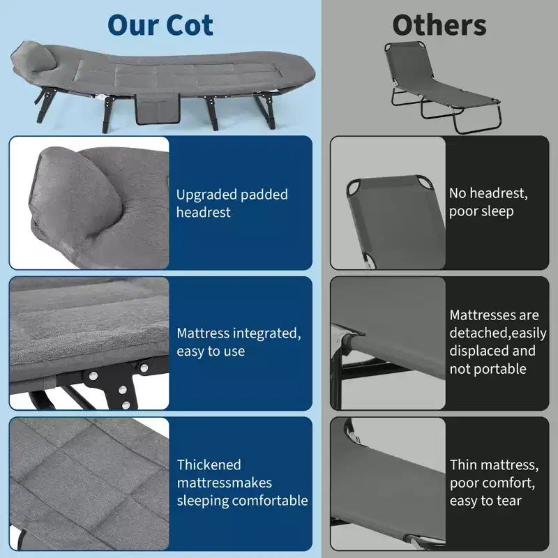 Lit de camp pliant de 79 pour adultes avec coussin et oreiller, couchage portable robuste pour l’intérieur et l’extérieur