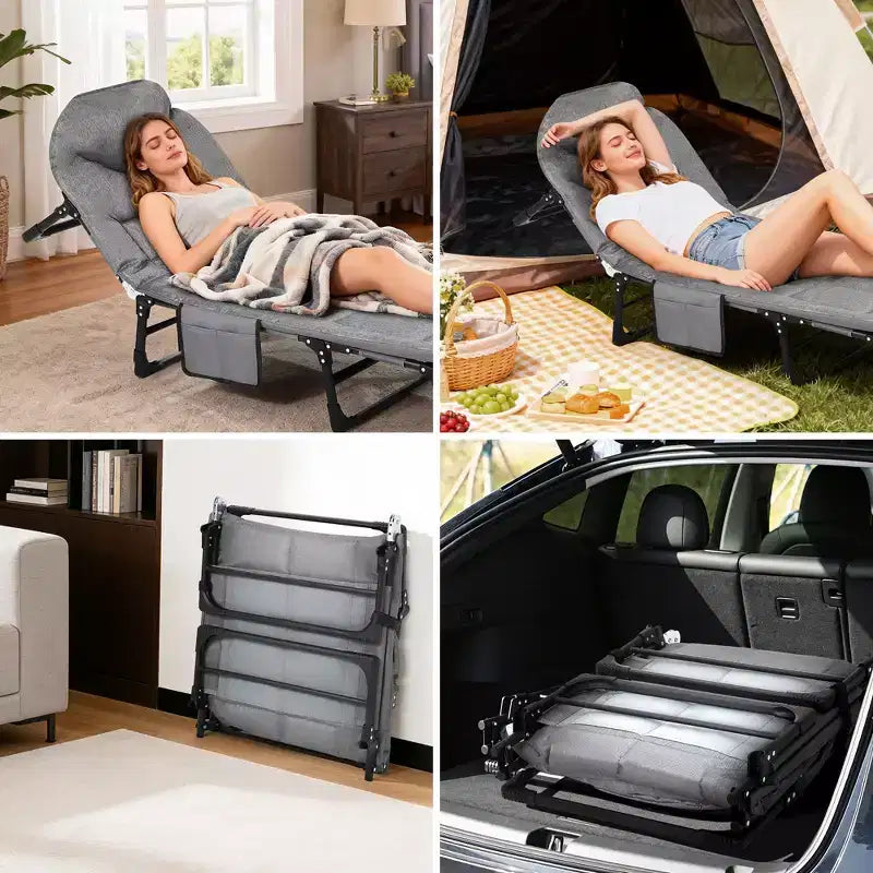 Lit de camp pliant de 79 pour adultes avec coussin et oreiller, couchage portable robuste pour l’intérieur et l’extérieur