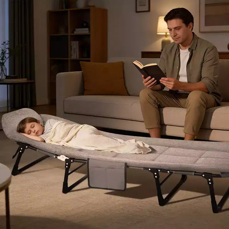 Lit de camp pliant de 79 pour adultes avec coussin et oreiller, couchage portable robuste pour l’intérieur et l’extérieur