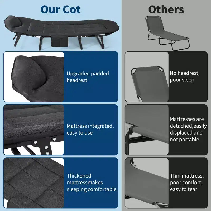 Lit de camp pliant de 79 pour adultes avec coussin et oreiller, couchage portable robuste pour l’intérieur et l’extérieur