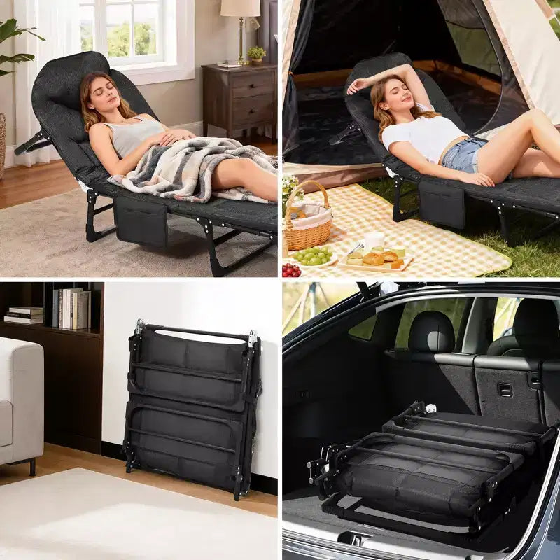 Lit de camp pliant de 79 pour adultes avec coussin et oreiller, couchage portable robuste pour l’intérieur et l’extérieur