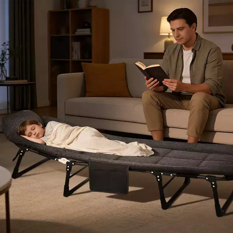 Lit de camp pliant de 79 pour adultes avec coussin et oreiller, couchage portable robuste pour l’intérieur et l’extérieur