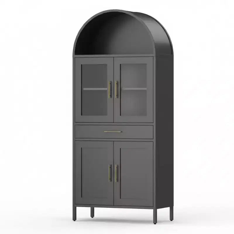 GustoWave Black Arched Cabinet with Glass Doors - Metal Pantry Storage with Drawer &amp; Adjustable Shelves