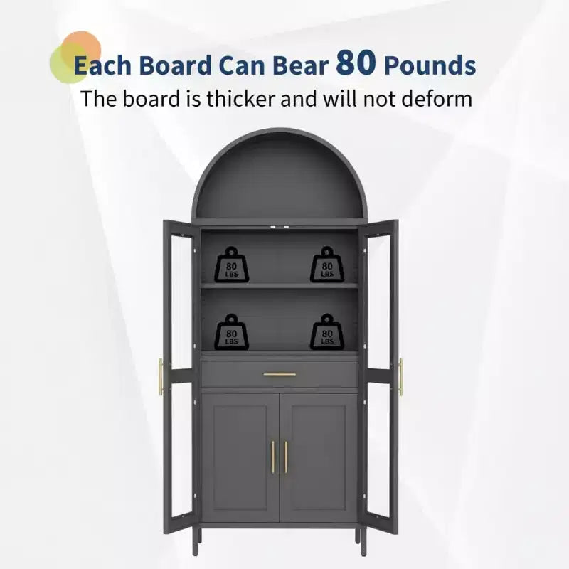 Armoire noire cintrée avec portes vitrées - rangement de cuisine en métal avec tiroir et étagères réglables