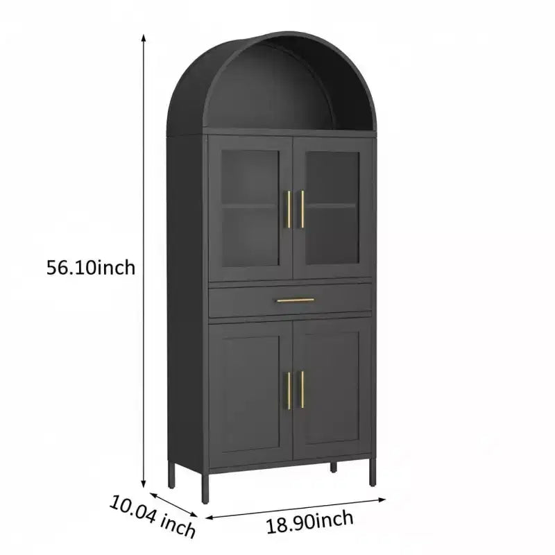 Armoire noire cintrée avec portes vitrées - rangement de cuisine en métal avec tiroir et étagères réglables