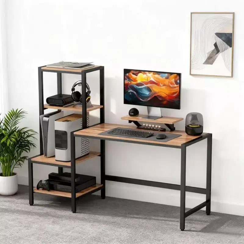 Bureau d’ordinateur avec support pour unité centrale, étagère réversible à 4 niveaux et support pour écran, bureau pour télétravail, études et petits espaces