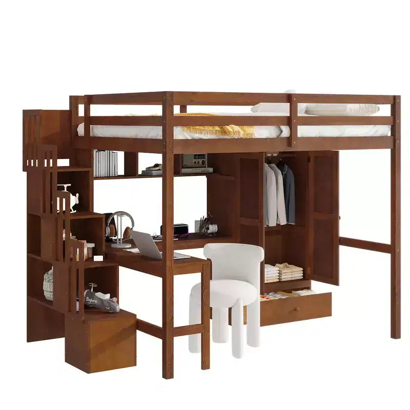 Hochbett aus Holz in Full-Size mit Schreibtisch, Ablagefächern, Schublade, integrierter Treppe und Kleiderschrank