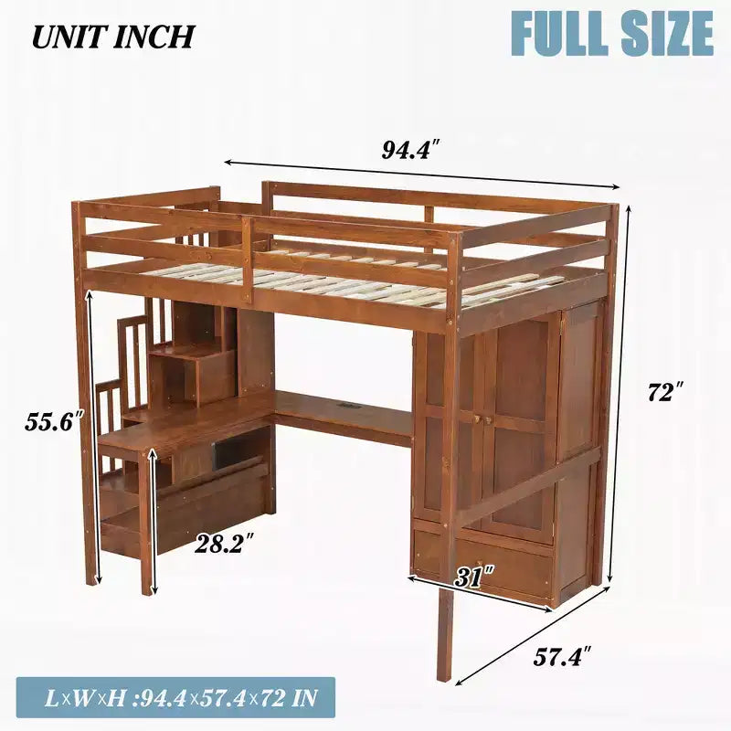 Hochbett aus Holz in Full-Size mit Schreibtisch, Ablagefächern, Schublade, integrierter Treppe und Kleiderschrank