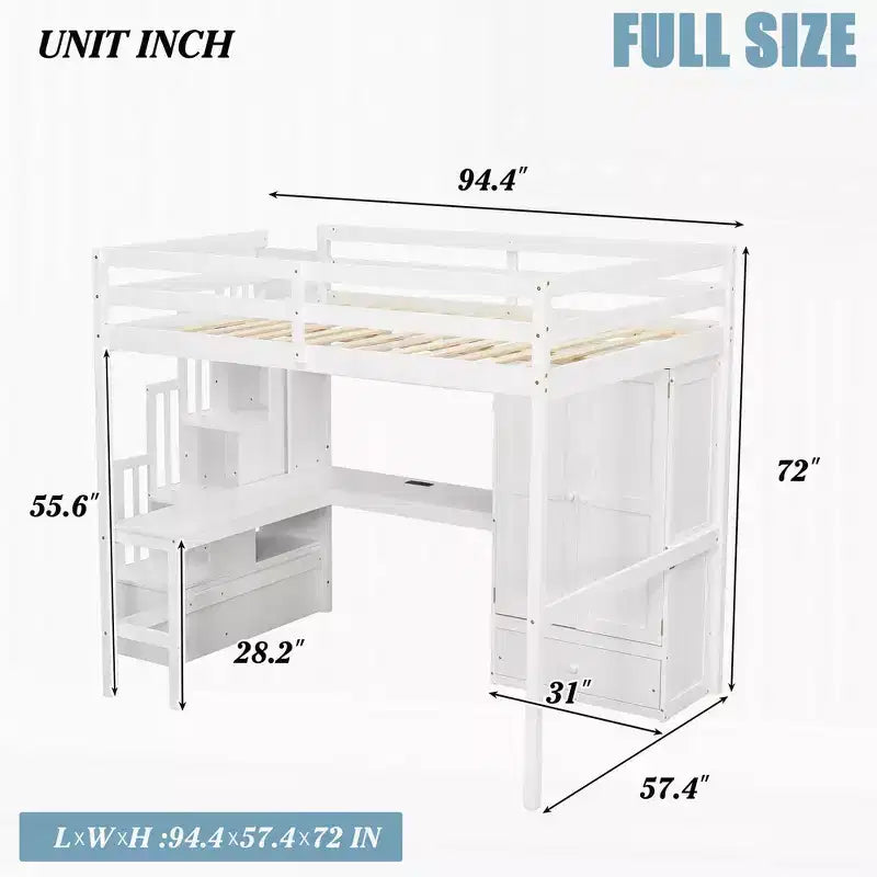 Hochbett aus Holz in Full-Size mit Schreibtisch, Ablagefächern, Schublade, integrierter Treppe und Kleiderschrank