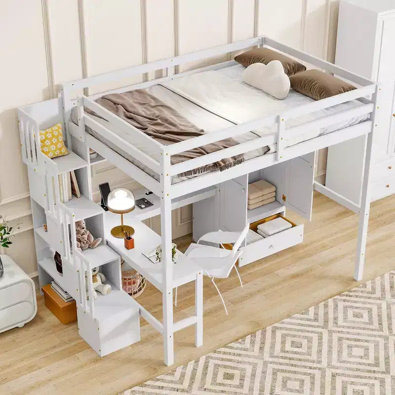 Hochbett aus Holz in Full-Size mit Schreibtisch, Ablagefächern, Schublade, integrierter Treppe und Kleiderschrank