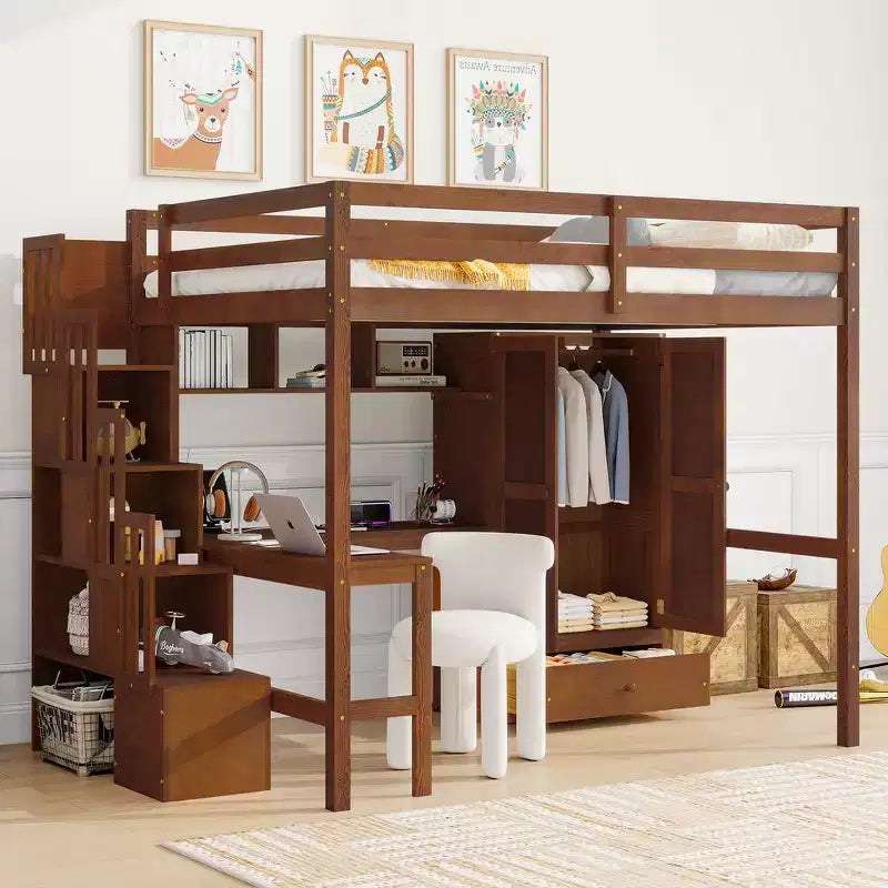 Hochbett aus Holz in Full-Size mit Schreibtisch, Ablagefächern, Schublade, integrierter Treppe und Kleiderschrank