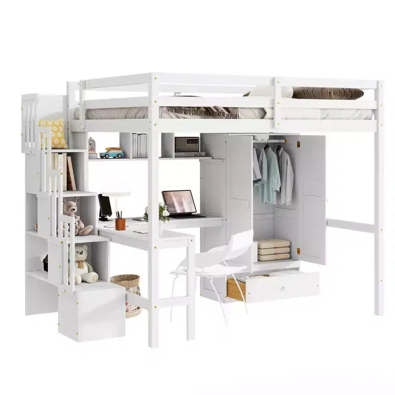 Hochbett aus Holz in Full-Size mit Schreibtisch, Ablagefächern, Schublade, integrierter Treppe und Kleiderschrank