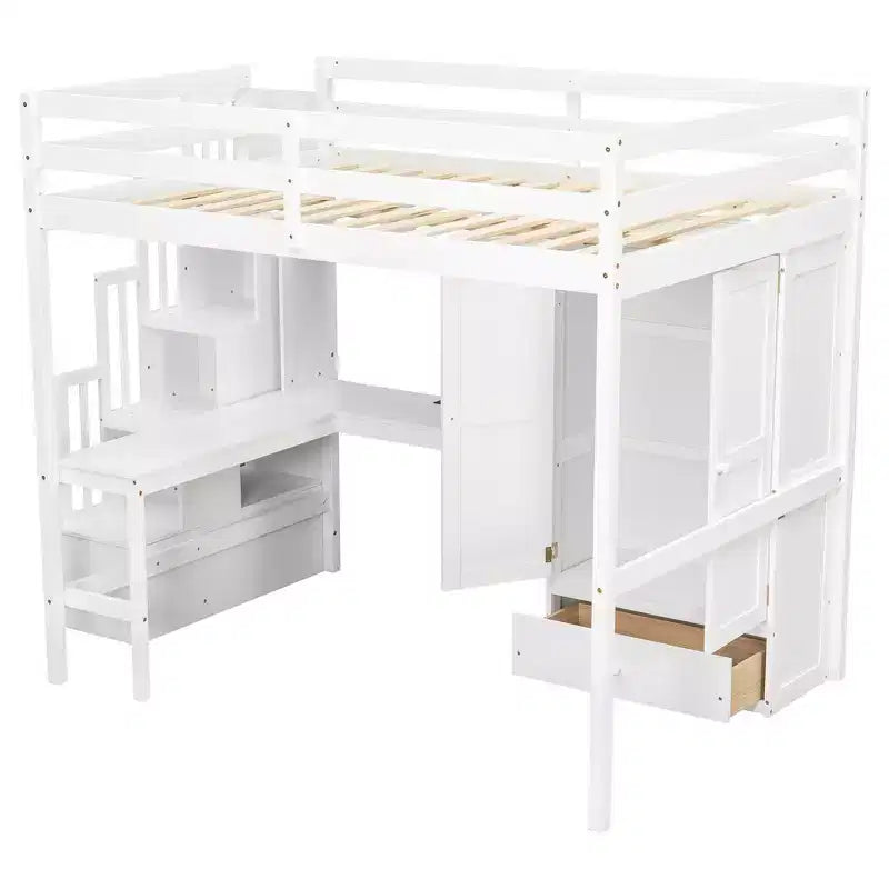 Hochbett aus Holz in Full-Size mit Schreibtisch, Ablagefächern, Schublade, integrierter Treppe und Kleiderschrank
