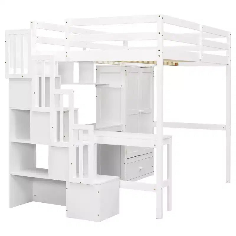 Hochbett aus Holz in Full-Size mit Schreibtisch, Ablagefächern, Schublade, integrierter Treppe und Kleiderschrank