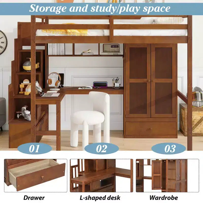 Hochbett aus Holz in Full-Size mit Schreibtisch, Ablagefächern, Schublade, integrierter Treppe und Kleiderschrank