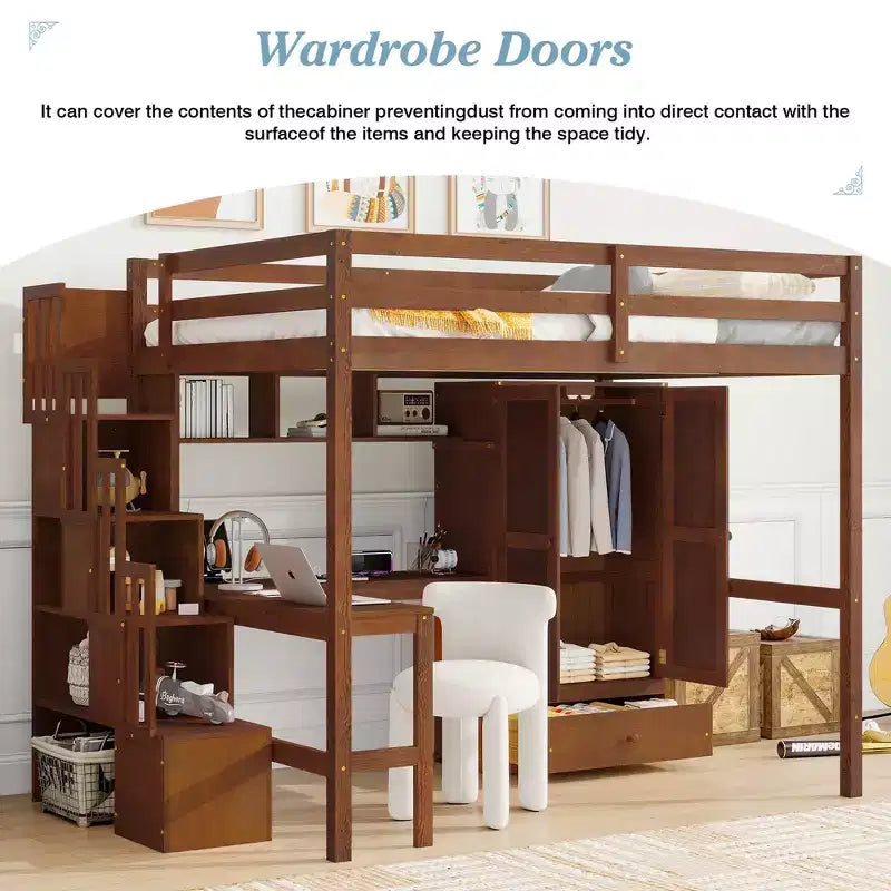 Hochbett aus Holz in Full-Size mit Schreibtisch, Ablagefächern, Schublade, integrierter Treppe und Kleiderschrank