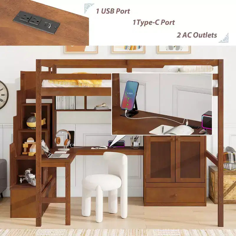 Hochbett aus Holz in Full-Size mit Schreibtisch, Ablagefächern, Schublade, integrierter Treppe und Kleiderschrank