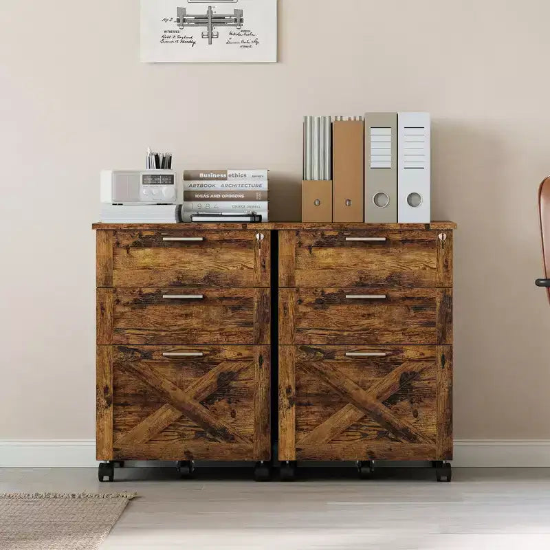 Archivador de 3 cajones con cerradura, archivador móvil para debajo del escritorio, organizador de almacenamiento de madera