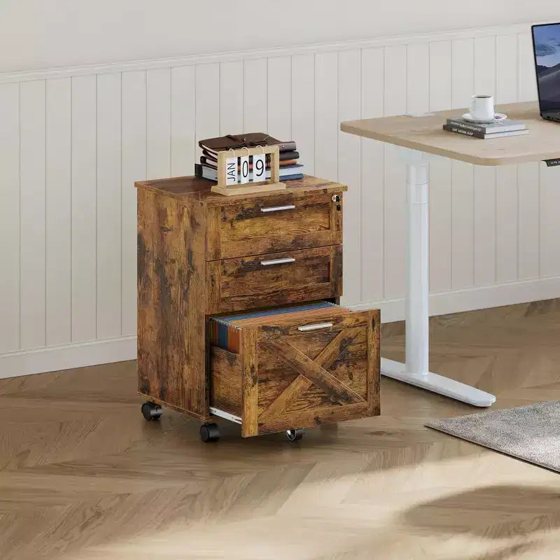Archivador de 3 cajones con cerradura, archivador móvil para debajo del escritorio, organizador de almacenamiento de madera