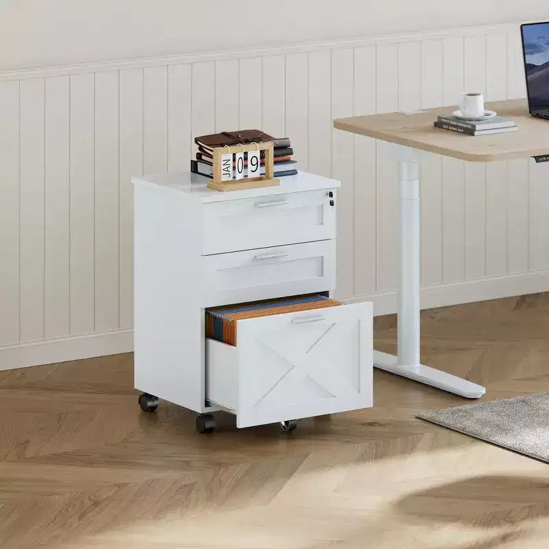 Archivador de 3 cajones con cerradura, archivador móvil para debajo del escritorio, organizador de almacenamiento de madera