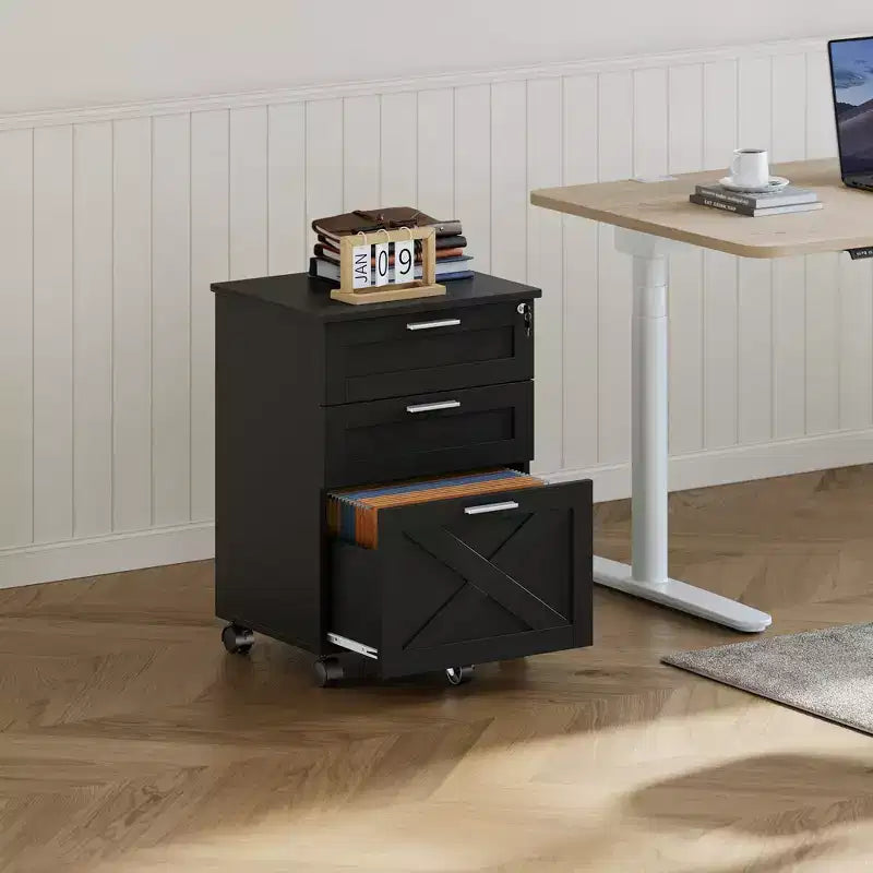 Archivador de 3 cajones con cerradura, archivador móvil para debajo del escritorio, organizador de almacenamiento de madera